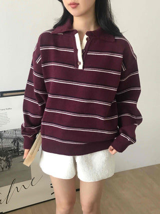 Retro Striped Collar Oversized Polo Knit