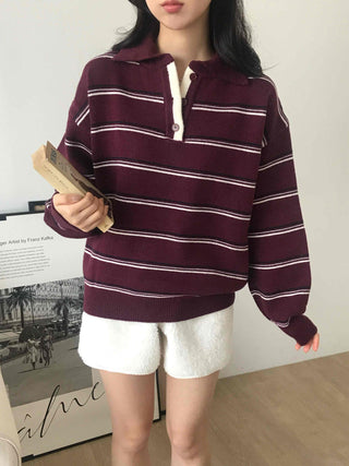 Retro Striped Collar Oversized Polo Knit