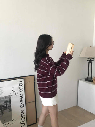 Retro Striped Collar Oversized Polo Knit
