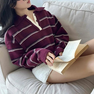 Retro Striped Collar Oversized Polo Knit