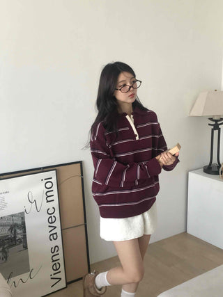 Retro Striped Collar Oversized Polo Knit