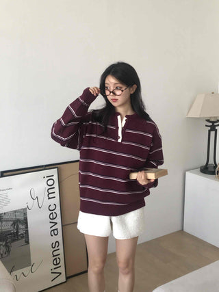 Retro Striped Collar Oversized Polo Knit