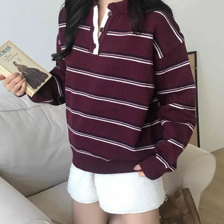 Retro Striped Collar Oversized Polo Knit
