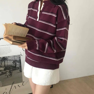 Retro Striped Collar Oversized Polo Knit