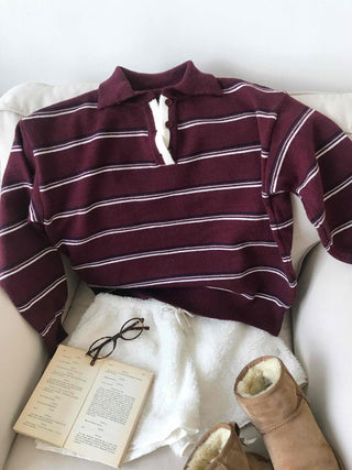 Retro Striped Collar Oversized Polo Knit