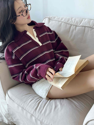 Retro Striped Collar Oversized Polo Knit