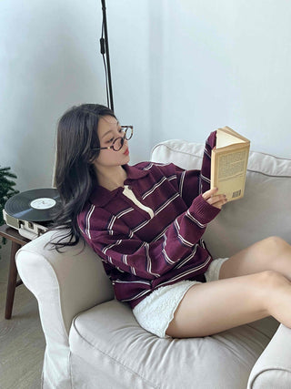 Retro Striped Collar Oversized Polo Knit
