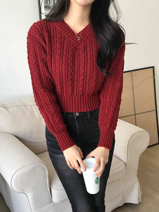Cable Wool V-Neck Crop Knit