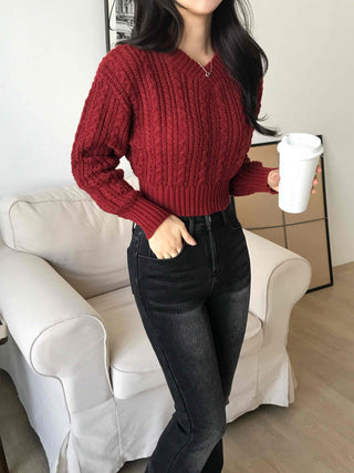 Cable Wool V-Neck Crop Knit
