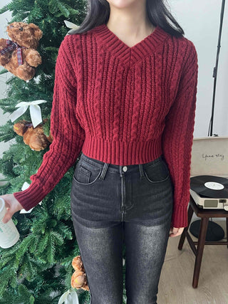 Cable Wool V-Neck Crop Knit