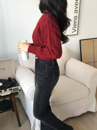 Cable Wool V-Neck Crop Knit