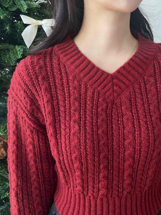 Cable Wool V-Neck Crop Knit