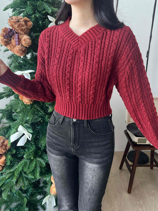 Cable Wool V-Neck Crop Knit