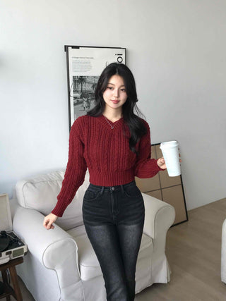 Cable Wool V-Neck Crop Knit