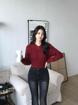 Cable Wool V-Neck Crop Knit