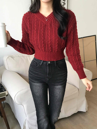 Cable Wool V-Neck Crop Knit
