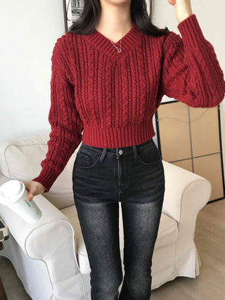 Cable Wool V-Neck Crop Knit