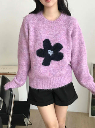 Sweet Flower Point Balloon Sleeve Knit
