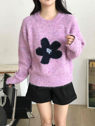 Sweet Flower Point Balloon Sleeve Knit
