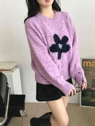 Sweet Flower Point Balloon Sleeve Knit