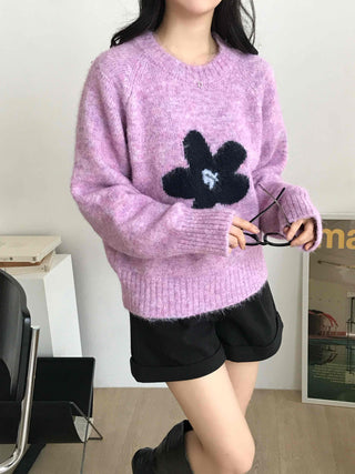 Sweet Flower Point Balloon Sleeve Knit