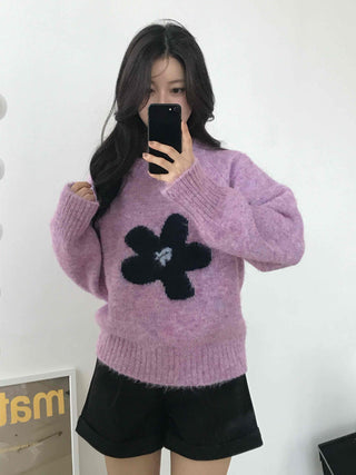 Sweet Flower Point Balloon Sleeve Knit