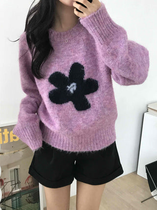 Sweet Flower Point Balloon Sleeve Knit
