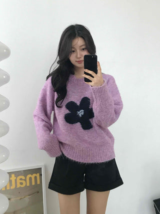 Sweet Flower Point Balloon Sleeve Knit