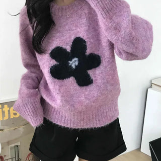 Sweet Flower Point Balloon Sleeve Knit