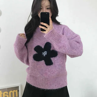 Sweet Flower Point Balloon Sleeve Knit