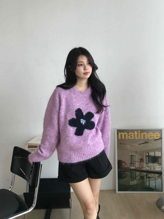 Sweet Flower Point Balloon Sleeve Knit