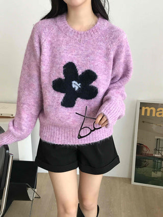 Sweet Flower Point Balloon Sleeve Knit
