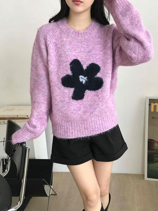 Sweet Flower Point Balloon Sleeve Knit