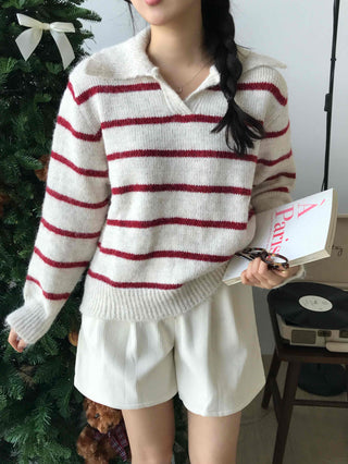 Campus V-Neck Big Collar Striped Loose Fit Knit