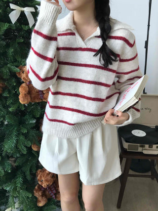 Campus V-Neck Big Collar Striped Loose Fit Knit