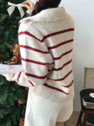 Campus V-Neck Big Collar Striped Loose Fit Knit