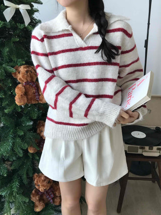 Campus V-Neck Big Collar Striped Loose Fit Knit