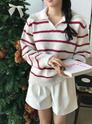Campus V-Neck Big Collar Striped Loose Fit Knit