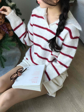 Campus V-Neck Big Collar Striped Loose Fit Knit