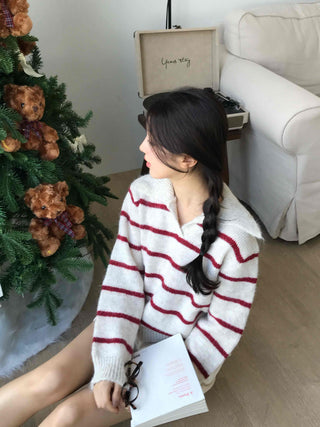 Campus V-Neck Big Collar Striped Loose Fit Knit