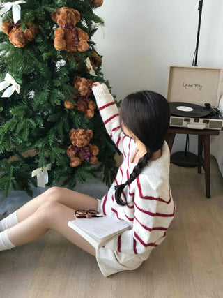 Campus V-Neck Big Collar Striped Loose Fit Knit
