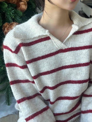 Campus V-Neck Big Collar Striped Loose Fit Knit