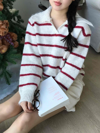 Campus V-Neck Big Collar Striped Loose Fit Knit