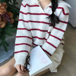 Campus V-Neck Big Collar Striped Loose Fit Knit
