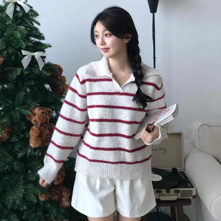 Campus V-Neck Big Collar Striped Loose Fit Knit