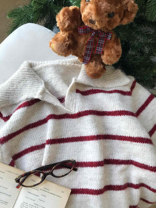 Campus V-Neck Big Collar Striped Loose Fit Knit