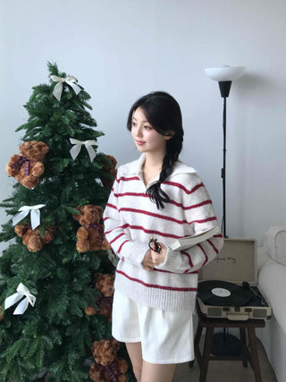 Campus V-Neck Big Collar Striped Loose Fit Knit