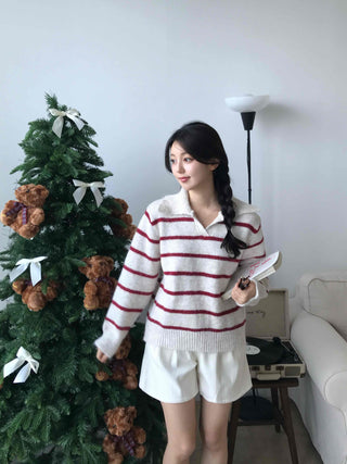 Campus V-Neck Big Collar Striped Loose Fit Knit