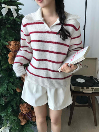 Campus V-Neck Big Collar Striped Loose Fit Knit