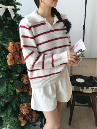 Campus V-Neck Big Collar Striped Loose Fit Knit